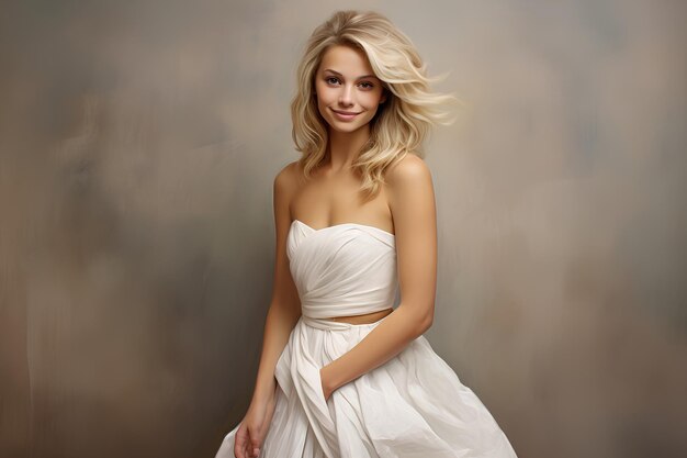 Красивая блондинка в белом платье без рукавов на все тело