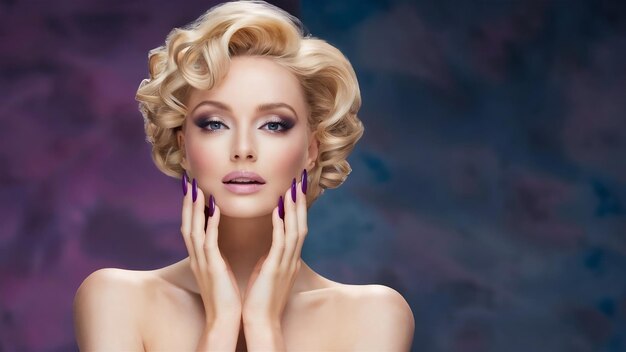 Beautiful blond woman with beauty purple manicure and makeup of eyes