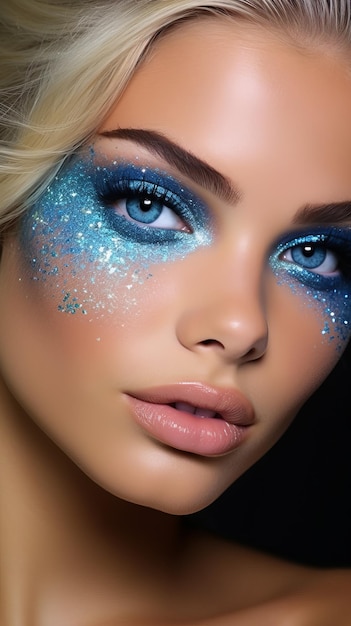 Beautiful Blond Woman With Blue and Silver Makeup