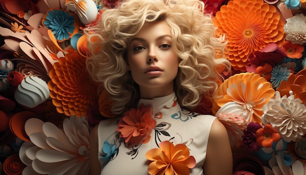 A beautiful blond woman with curly hair and a flower generated by artificial intelligence