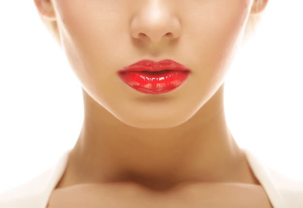 Photo beautiful blond woman with red lipstick