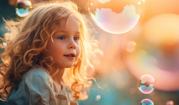 Beautiful blonde child girl playing among the soap bubbles Generative AI