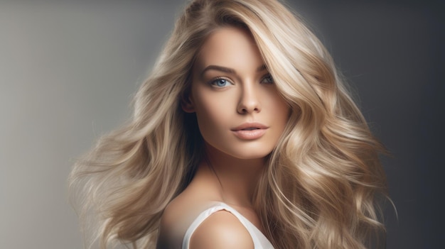 Beautiful blonde female model showing off her long hair waves