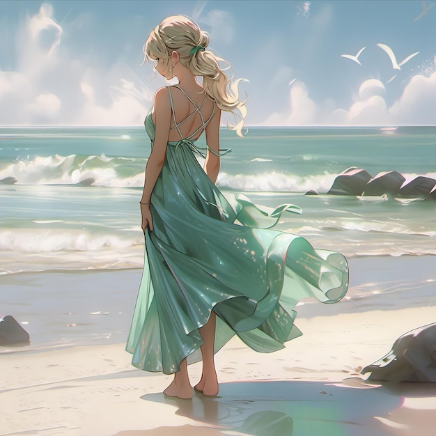 녹색 드레스 생성 AI의 해변에 있는 아름다운 금발 소녀