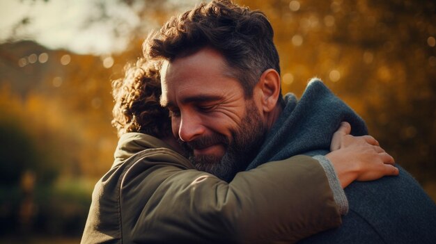 Photo beautiful blonde girl in a black sweater and a guy with a beard in a plaid in a autumn forest