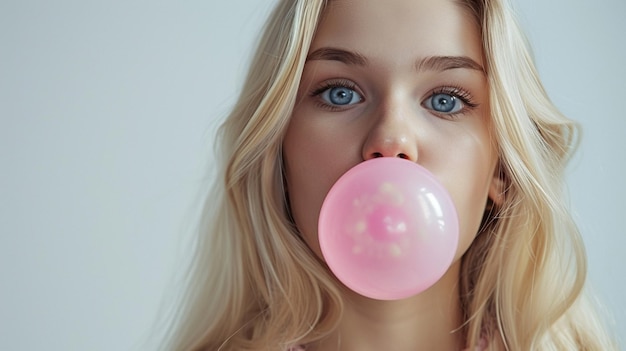 Foto bella ragazza bionda che soffia gomma da masticare rosa su uno sfondo bianco isolato