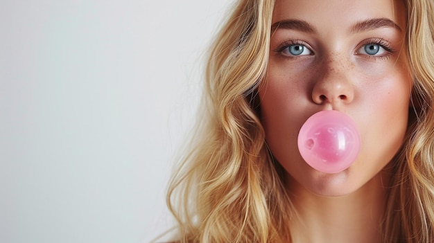 Foto bella ragazza bionda che soffia gomma da masticare rosa su uno sfondo bianco isolato