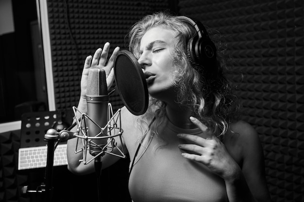 Beautiful blonde girl emotionally singing song in recording\
studio with professional microphone and headphones creates new\
track album vocal artist black and white shot closeup face