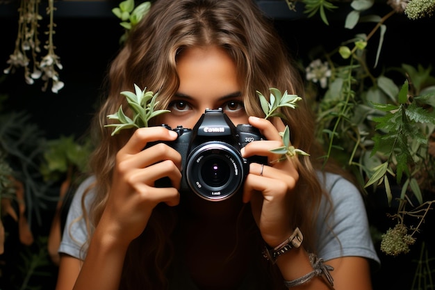 Beautiful blonde girl holding camera surrounded by lush green branches in nature setting