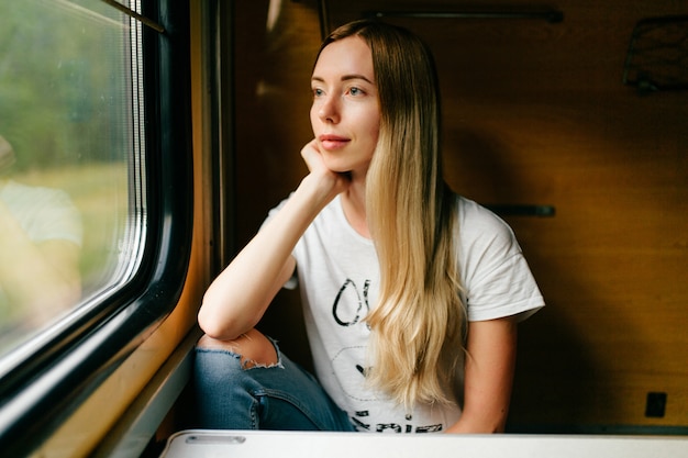 Beautiful blonde girl lookin at window in train