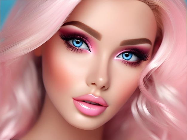 Beautiful blonde girl portrait with pink hair and glamour makeup Barbie doll style AI generated