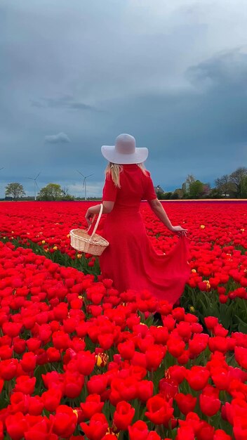 Beautiful blonde girl in red dress and white straw hat with wicker basket on colorful tulip fields