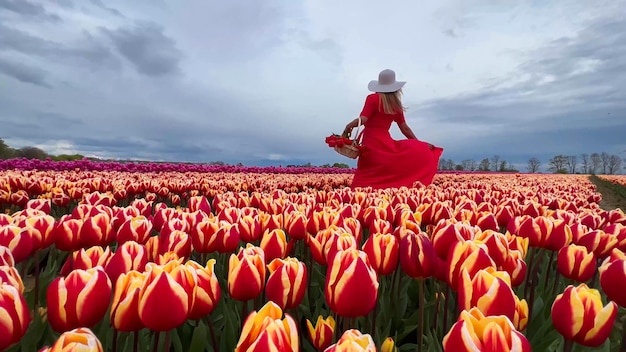 Красивая блондинка в красном платье и белой соломенной шляпе с плетеной корзиной на красочных полях тюльпанов