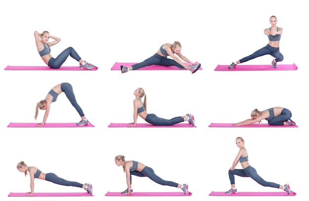 Photo beautiful blonde girl in sportswear does exercises on fitness mat on white background set collection