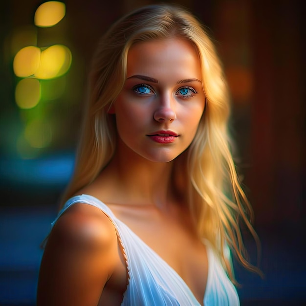 Beautiful blonde girl in a white dress