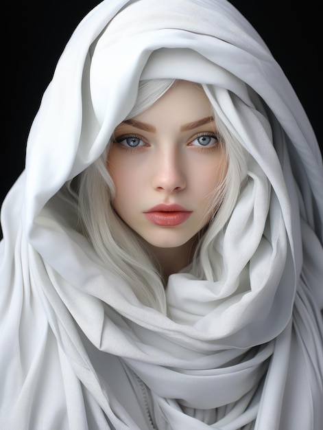 Foto bella ragazza bionda con un velo bianco hijab arabo asiatico stile giapponese bellezza naturale albino