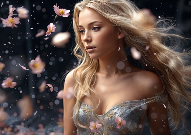 Beautiful blonde girl with flying petals on a black background