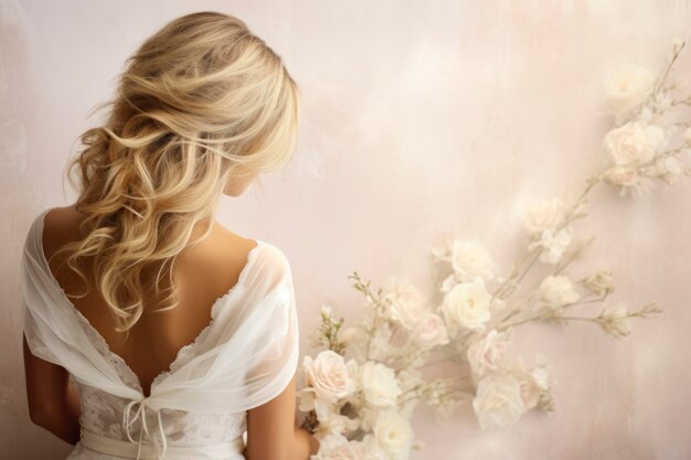 Foto bellissimi capelli biondi sfondo copia spazio stile matrimonio in stile romantico