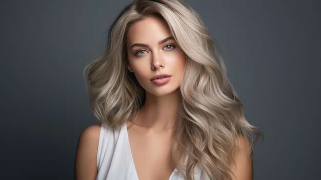 Beautiful blonde hair model woman showing off long soft waves of hair