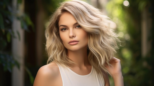 Beautiful blonde hair model woman showing off long soft waves of hair