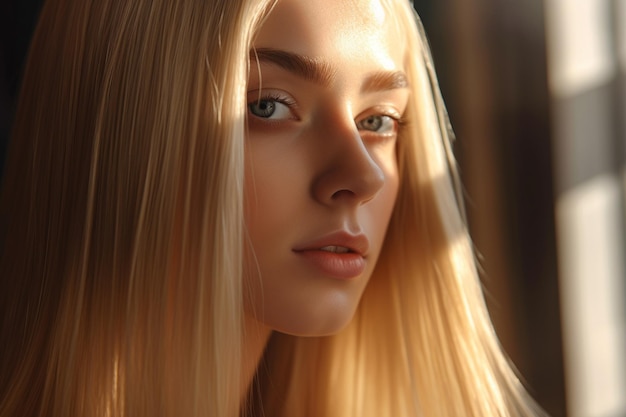 A beautiful blonde hair with straight long streaks in the style of smooth and polished with Generative AI