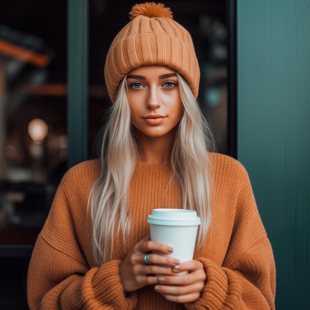 beautiful blonde hair woman holding coffee cup