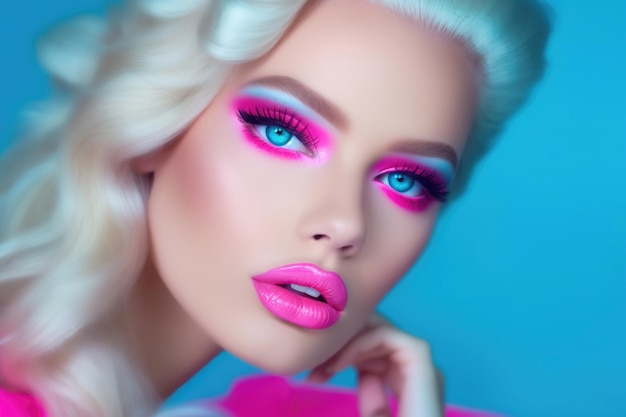 Красивая блондинка-модель в модном розовом стиле барбикор Pinkcore
