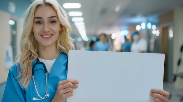 Foto bella infermiera bionda che tiene un banner bianco o carta davanti alla telecamera