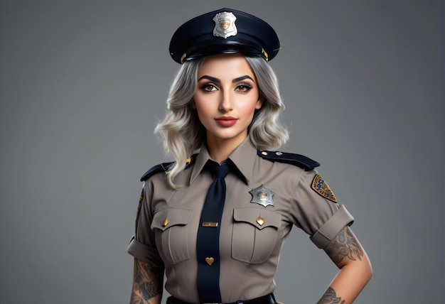 Beautiful blonde police woman in uniform with tattoos on arms on grey background