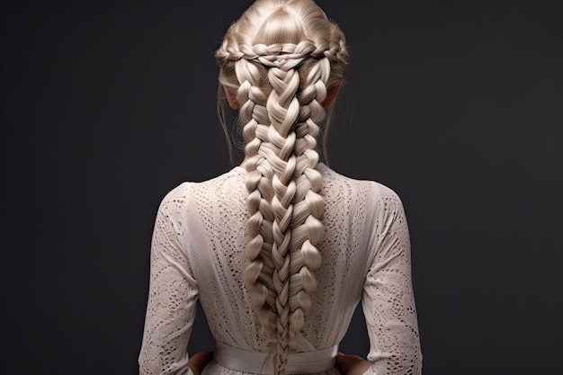 Beautiful blonde shiny hair was braided from behind