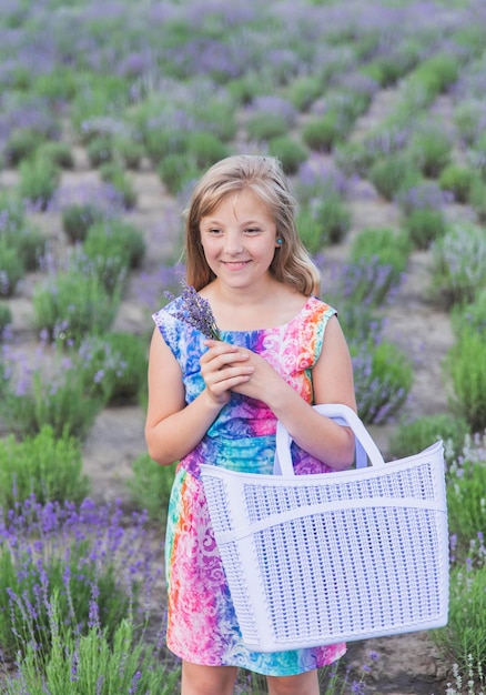 Beautiful blonde teenager stands in a flower field with a basket in her hands
