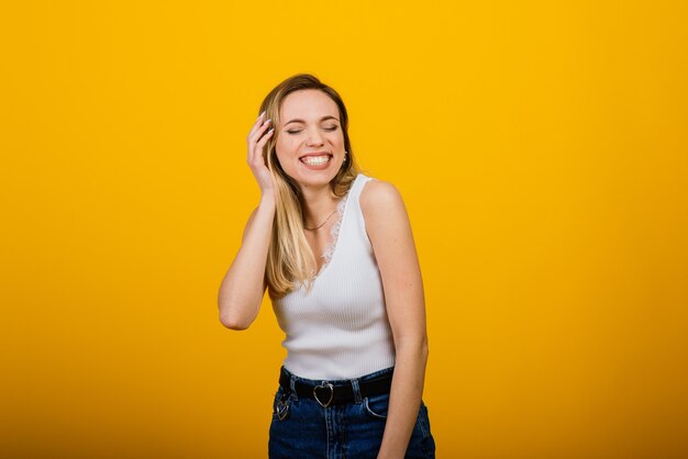 Beautiful blonde woman being happy