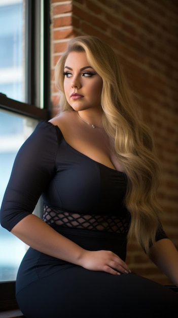 Photo a beautiful blonde woman in a black dress sitting on a window sill