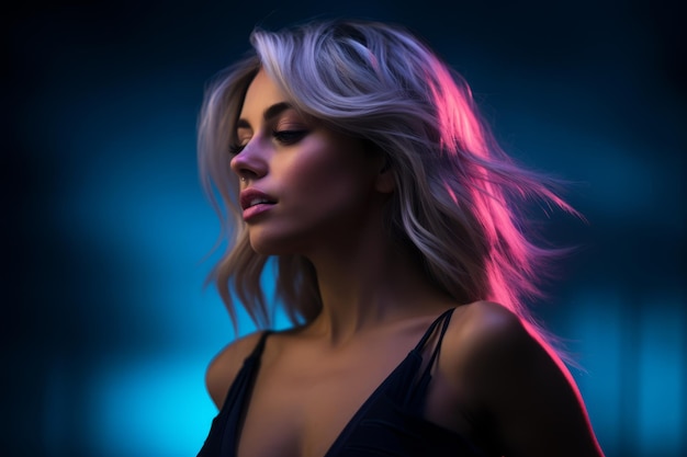 a beautiful blonde woman in a black dress with neon lights