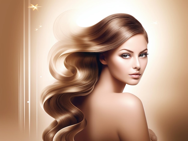 Beautiful blonde woman curly wavy long hair posing at beige glow sparkle light background beauty illustration Generative Ai