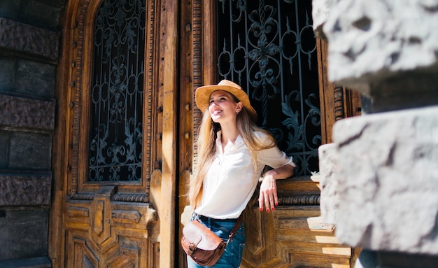 Beautiful blonde woman in felt hat