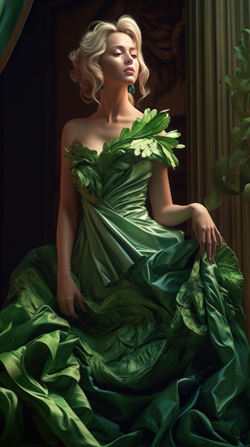 Beautiful blonde woman in a green evening dress Generative AI