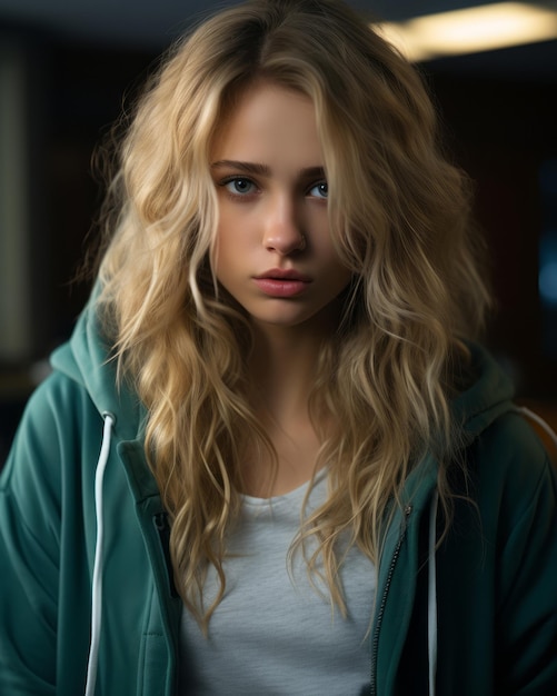 A beautiful blonde woman in a green hoodie