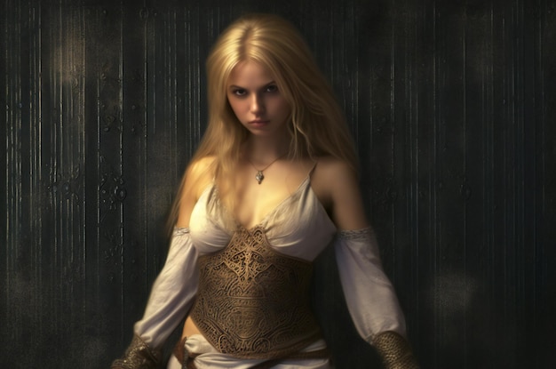 Beautiful blonde woman in the image of a medieval warrior on a dark background