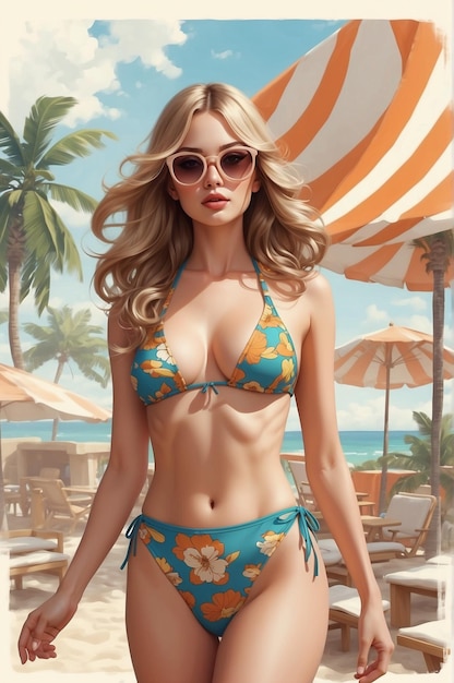 Фото Красивая блондинка в цветочном бикини на пляже.