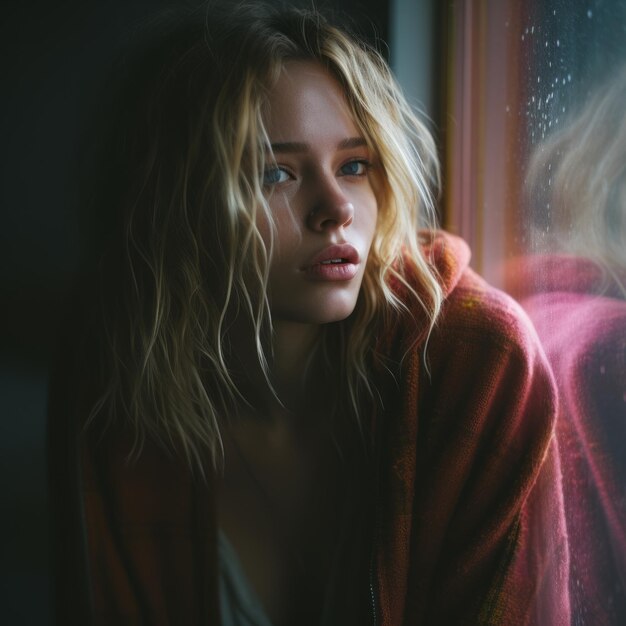 a beautiful blonde woman is looking out the window