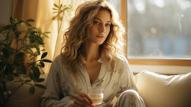 A beautiful blonde woman is sitting on a couch and drinking from a glass