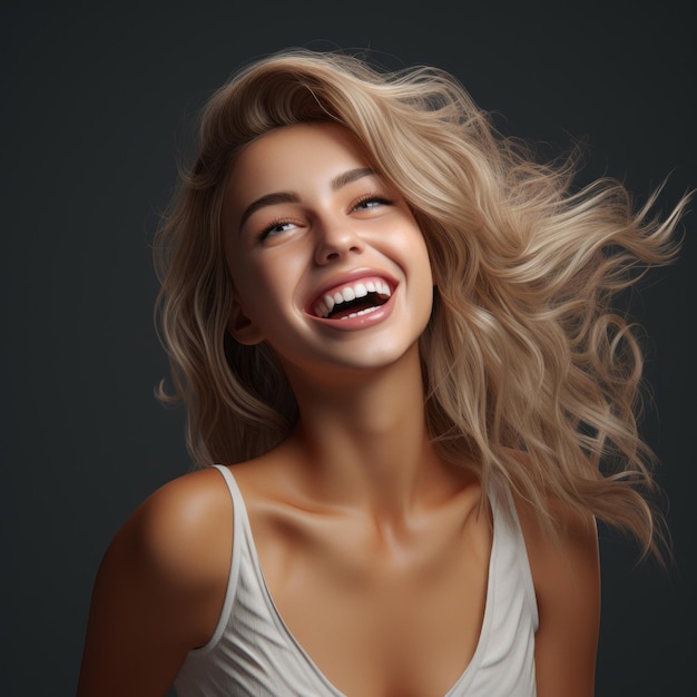 a beautiful blonde woman laughing and smiling