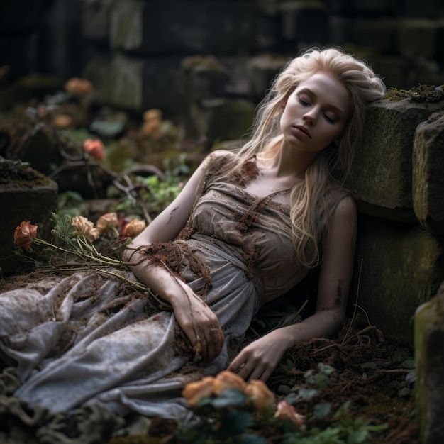 a beautiful blonde woman laying on the ground with flowers