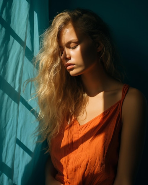 a beautiful blonde woman in an orange dress leaning against a window