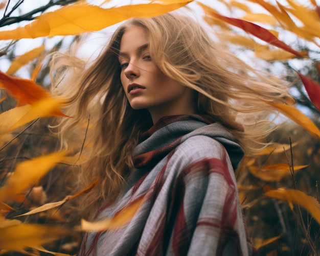 a beautiful blonde woman in a plaid shirt with autumn leaves blowing in the wind