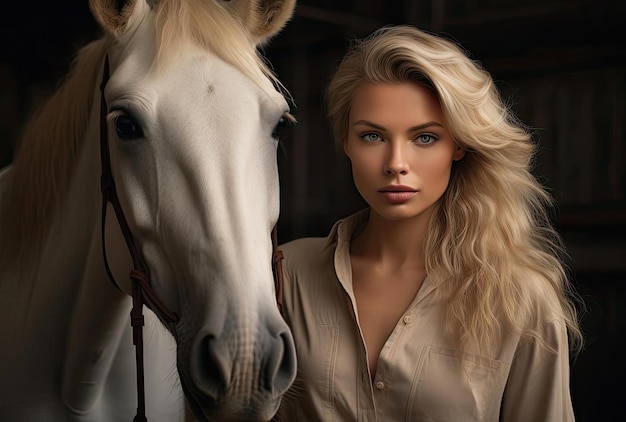 a beautiful blonde woman poses next to a white horse in the style of dark beige and light