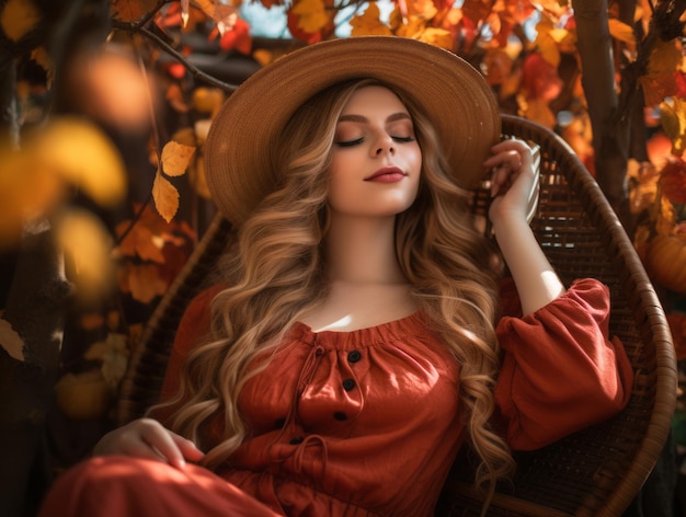 beautiful blonde woman in a red dress sitting in a wicker chair surrounded by autumn leaves