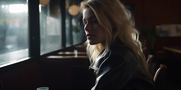 A beautiful blonde woman sits in a restaurant booth looking out the window