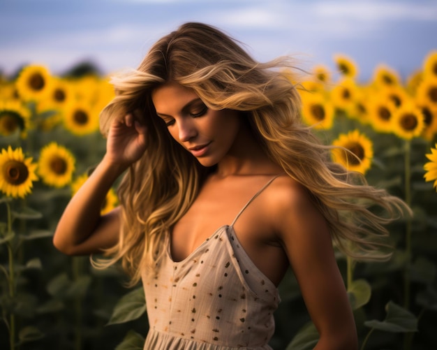 a beautiful blonde woman standing in a field of sunflowers